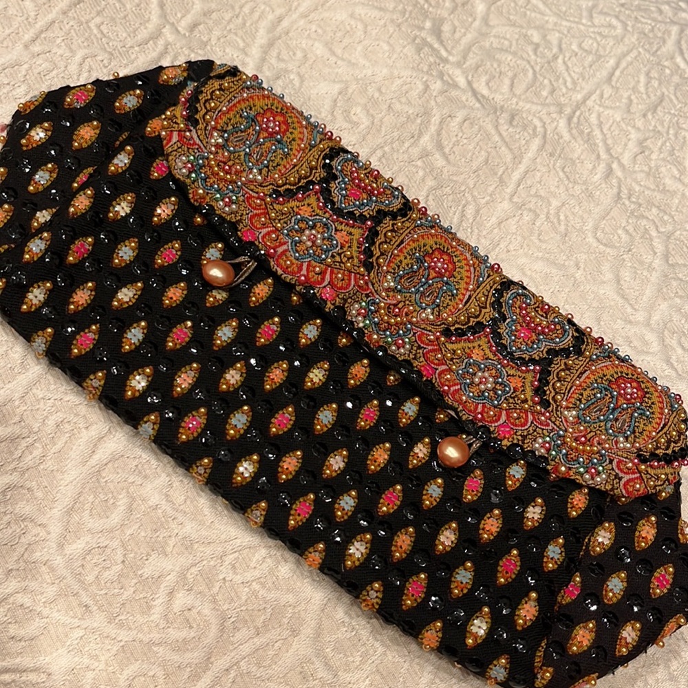 Beautiful Odette antique shawl fabric w/ beads clutch